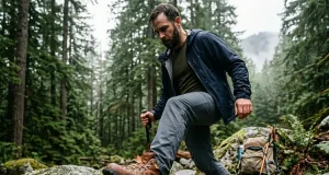 7 Men’s Leather Hiking Boots Tested One Clear Winner Man in full-grain leather hiking boots navigating rocky trail in Pacific Northwest forest