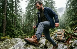 7 Men’s Leather Hiking Boots Tested One Clear Winner Man in full-grain leather hiking boots navigating rocky trail in Pacific Northwest forest
