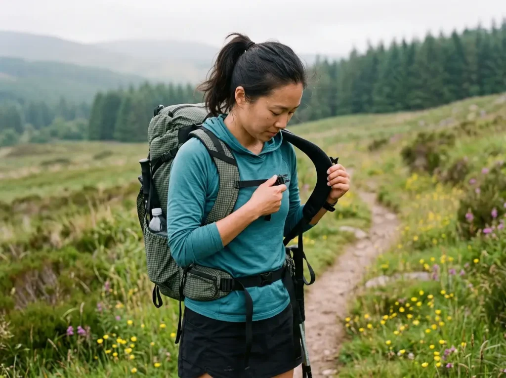 Woman setting a sternum strap above the chest on S-curved shoulder straps, ULA Circuit pack