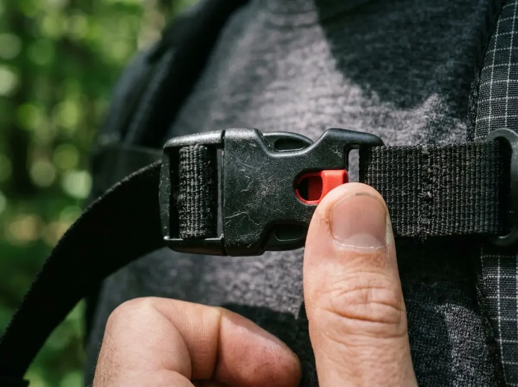 Close-up of a sternum strap whistle buckle at chest height being opened, Atom Packs pack