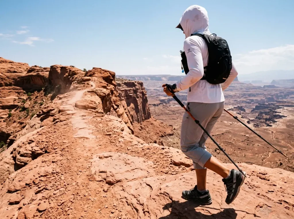 Hiker in synthetic boots on a sun-exposed desert ridge trail in summer heat showing breathability advantage