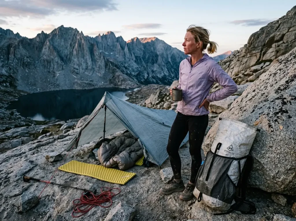 Ultralight hiker with a compact 30-liter pack at a minimalist tarp overnight camp