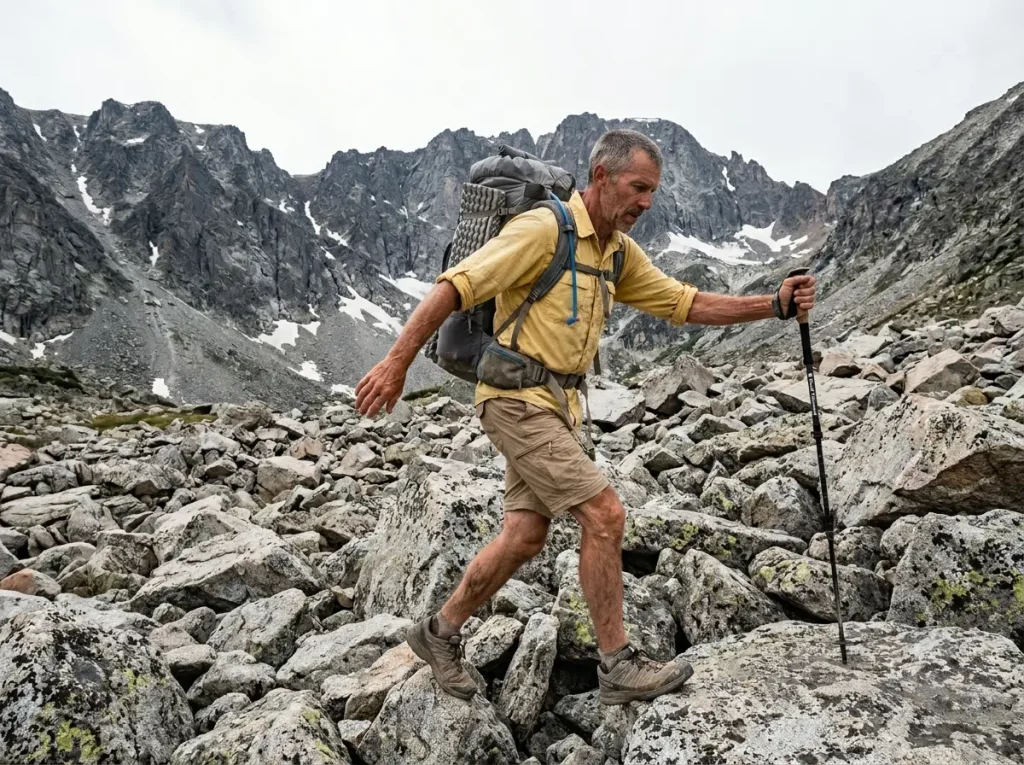 Hiker with a lightweight backpacking backpack crossing talus, where pack weight meets real load