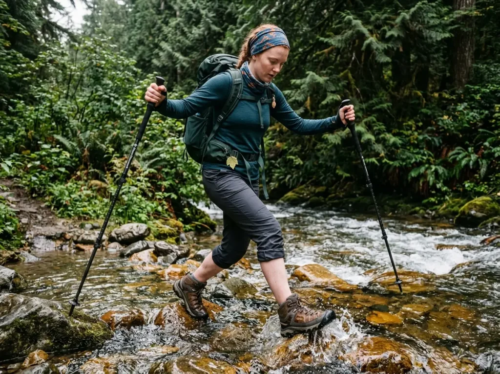 Hiker crossing creek in waterproof hiking boots — Gore-Tex vs breathable footwear trade-off