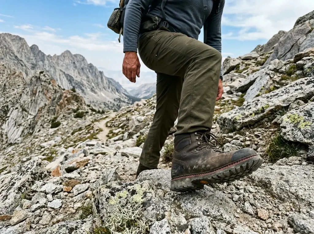 Heavily used Hanwag welted hiking boot sole showing wear pattern, still structurally sound on trail
