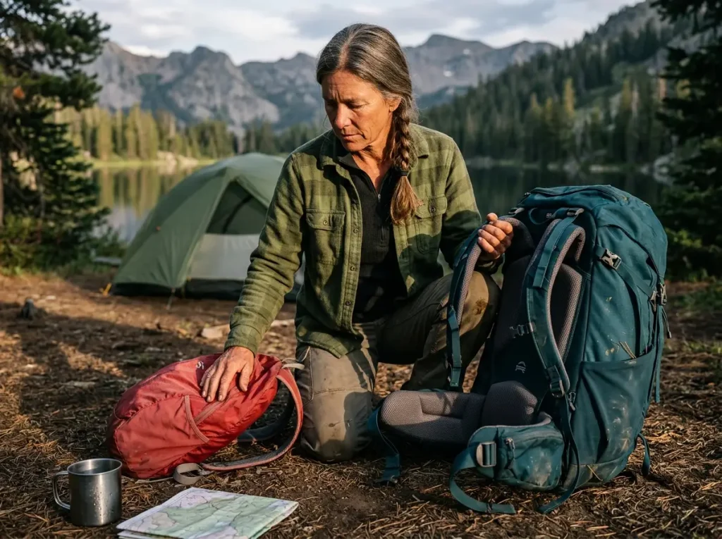Hiker comparing a budget packable and a premium women's hiking backpack at camp