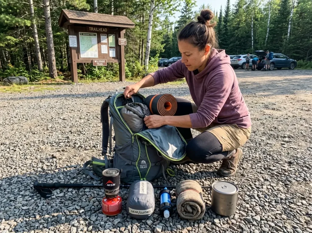 Hiker loading a mid-size women's hiking backpack with weekend gear at a trailhead