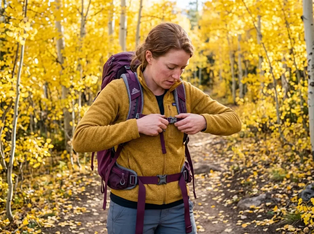 Woman adjusting the sternum strap of her women's hiking backpack to ease chest pressure