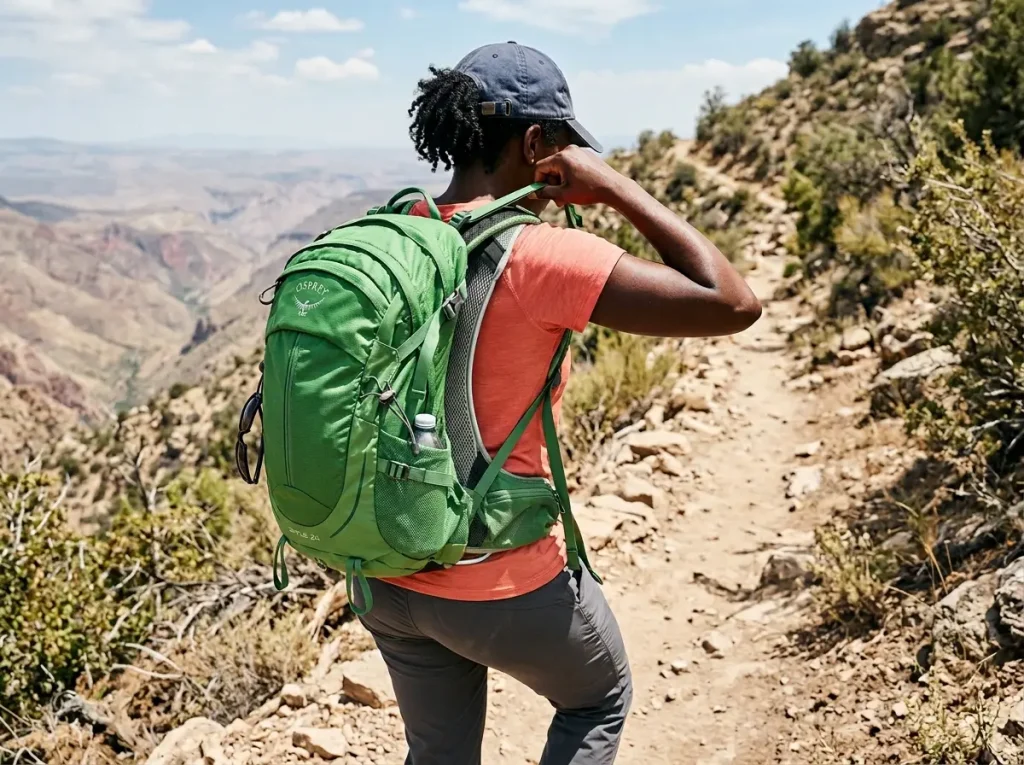 Tensioned mesh trampoline back panel of a women's hiking backpack venting on the trail
