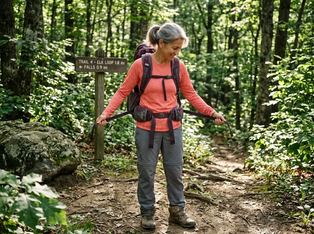 Woman adjusting a women's-specific hiking backpack hipbelt on the trail