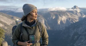 Best Hiking Apps and Maps and When They Fail Hiker at an overlook checking a phone mounted on a chest strap with a paper map tucked in the pack lid