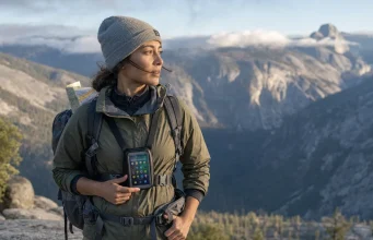Best Hiking Apps and Maps and When They Fail Hiker at an overlook checking a phone mounted on a chest strap with a paper map tucked in the pack lid