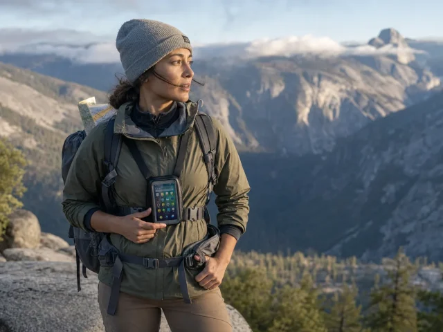 0-best-hiking-apps-and-maps-hero Hiker at an overlook checking a phone mounted on a chest strap with a paper map tucked in the pack lid