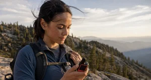 Satellite Messenger vs PLB Which One You Need Garmin inReach satellite messenger clipped to a backpack strap at a high ridge viewpoint