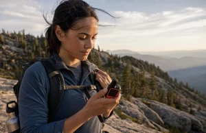 Satellite Messenger vs PLB Which One You Need Garmin inReach satellite messenger clipped to a backpack strap at a high ridge viewpoint