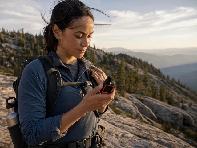 0-satellite-messenger-vs-plb-hero Garmin inReach satellite messenger clipped to a backpack strap at a high ridge viewpoint