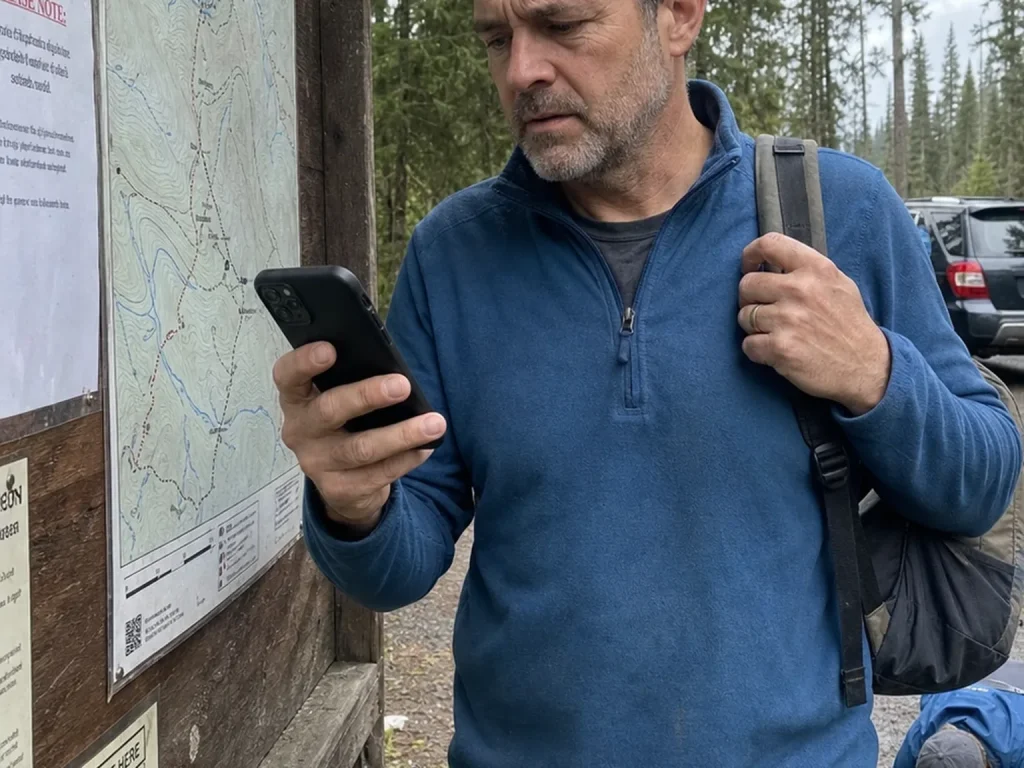 Hiker at a wooden trailhead kiosk comparing a phone screen to the posted trail map before starting