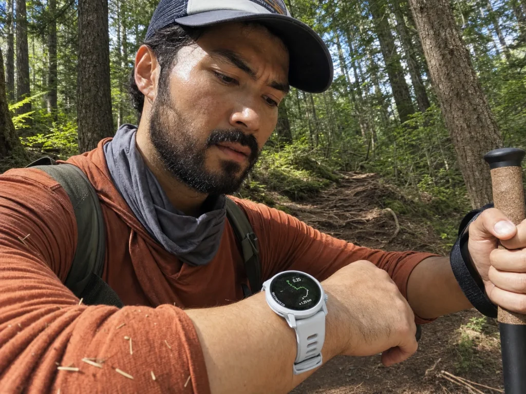 Hiker checking GPS track on a Coros watch under dense forest canopy where accuracy drops