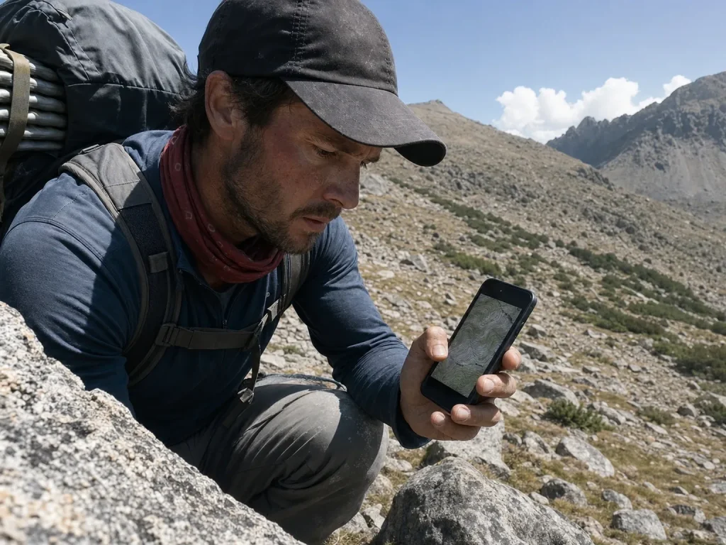 Backpacker off-trail on an open alpine slope checking a topographic map on a phone