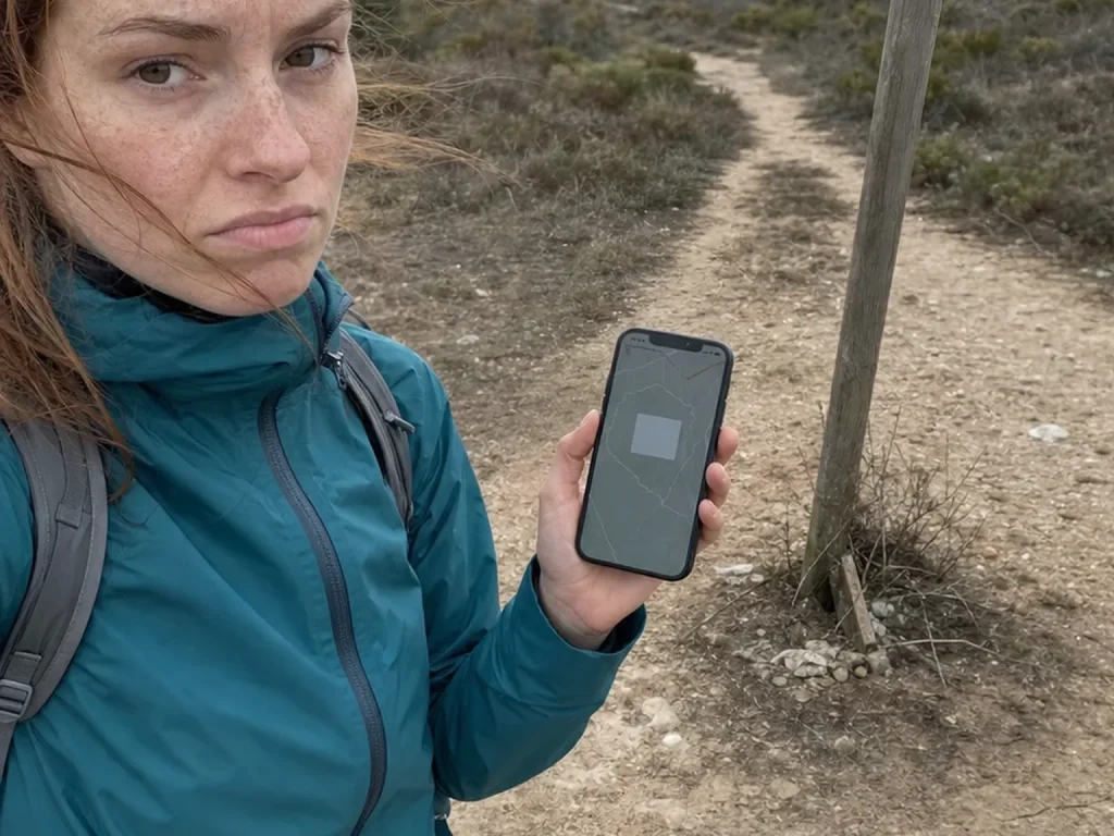 Frustrated hiker holding up a phone with a no-signal map screen at a remote trail junction