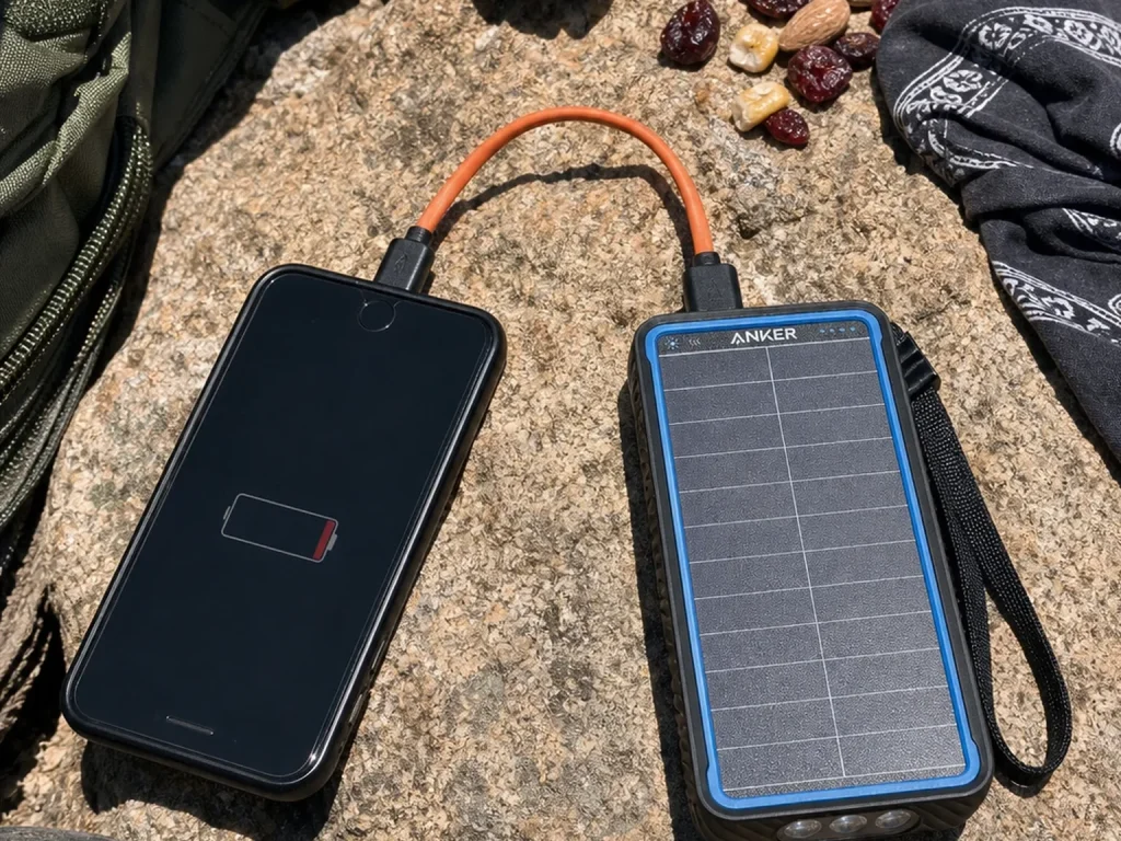 A phone charging from an Anker power bank on a sunlit boulder during a trail break