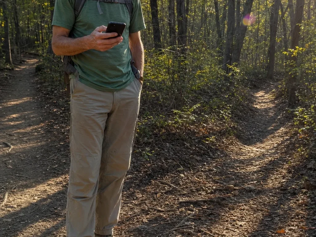 Hiker pausing where a faint herd path splits from the main trail, checking a phone against the terrain