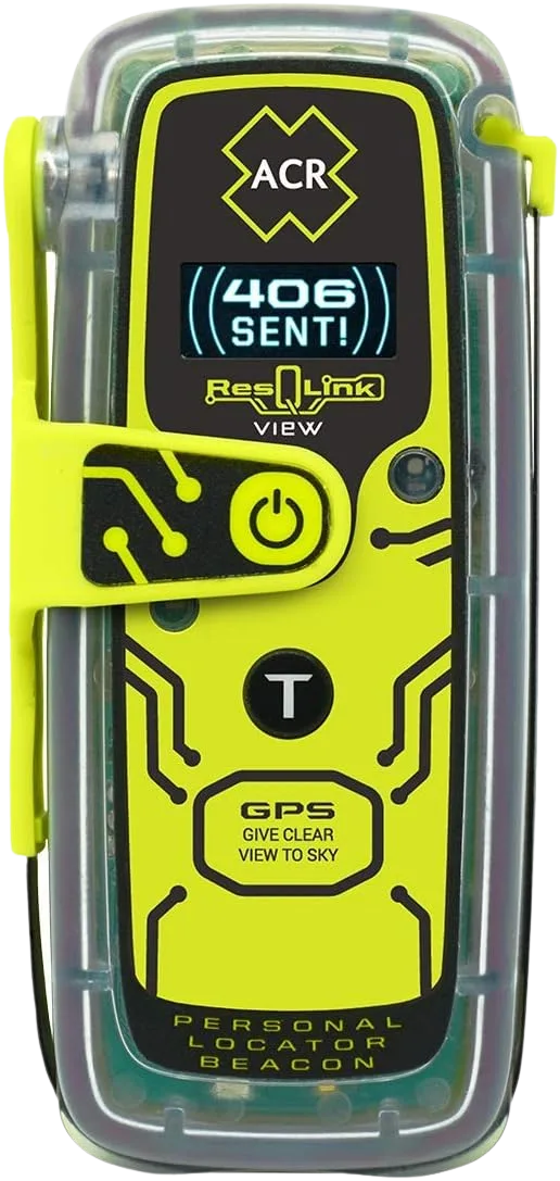 ACR ResQLink View PLB with digital display confirming GPS fix