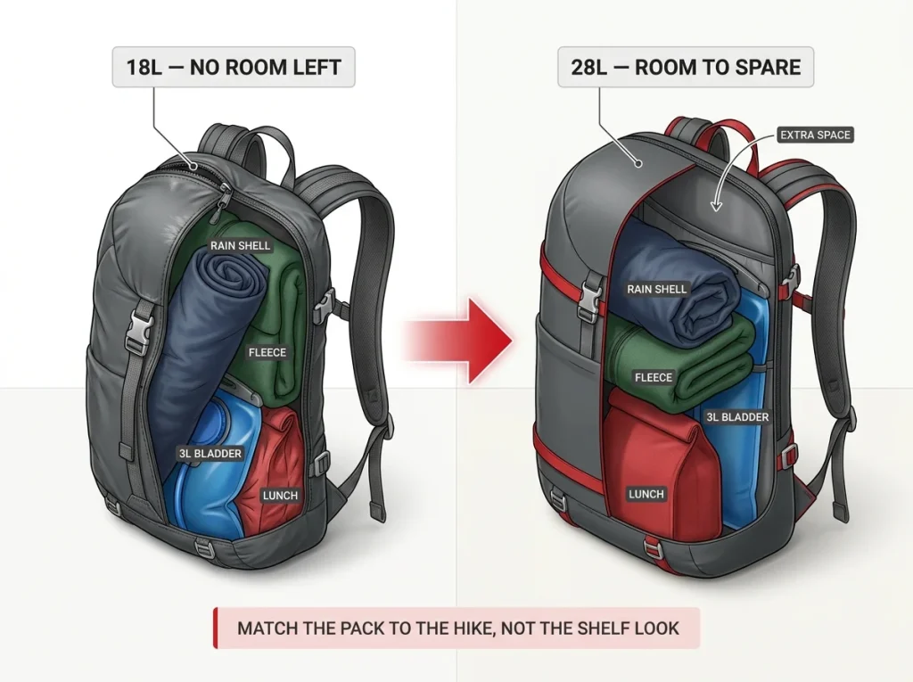 Infographic comparing an 18L overstuffed daypack to a 28L pack fitting Ten Essentials, water, food, and layers with room to spare