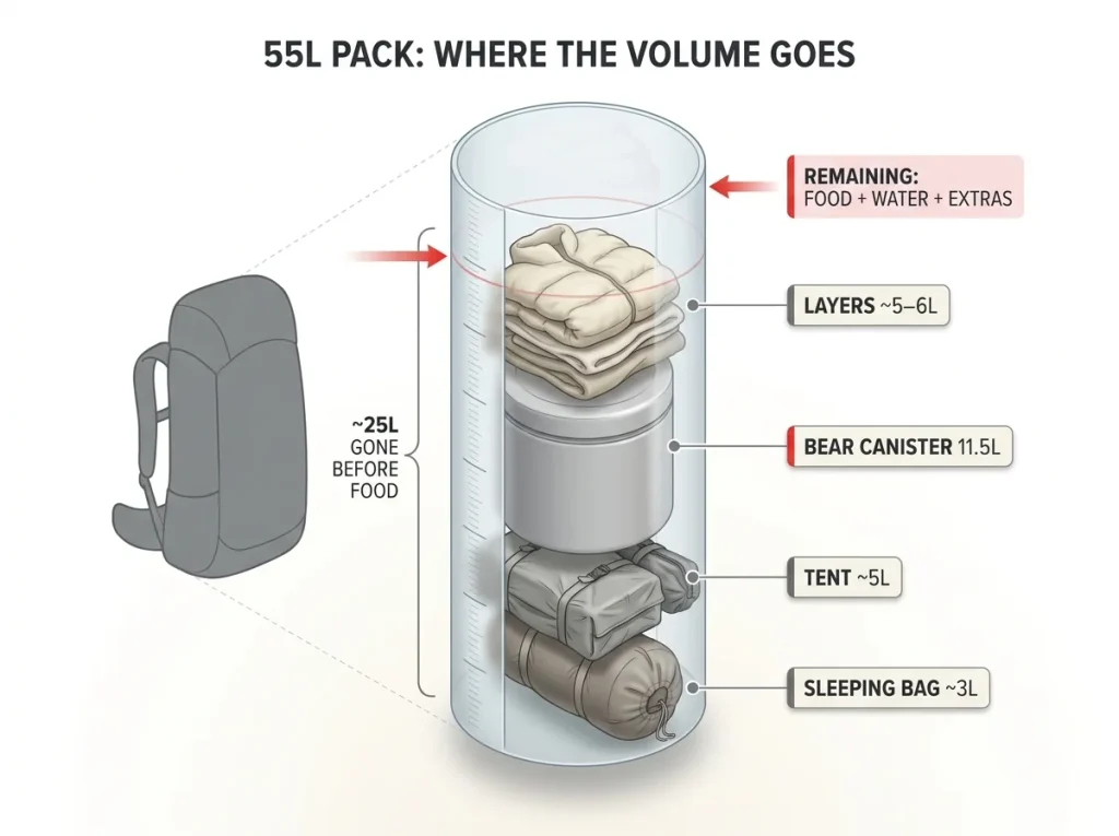Infographic data visualization showing a 55L backpack filled by sleeping bag, tent, bear canister, and layers before food