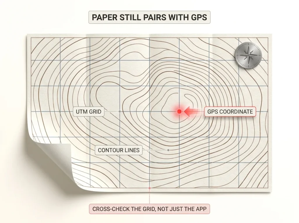Infographic showing a topo map snippet with UTM grid, contour lines, and a GPS coordinate point labeled for reference