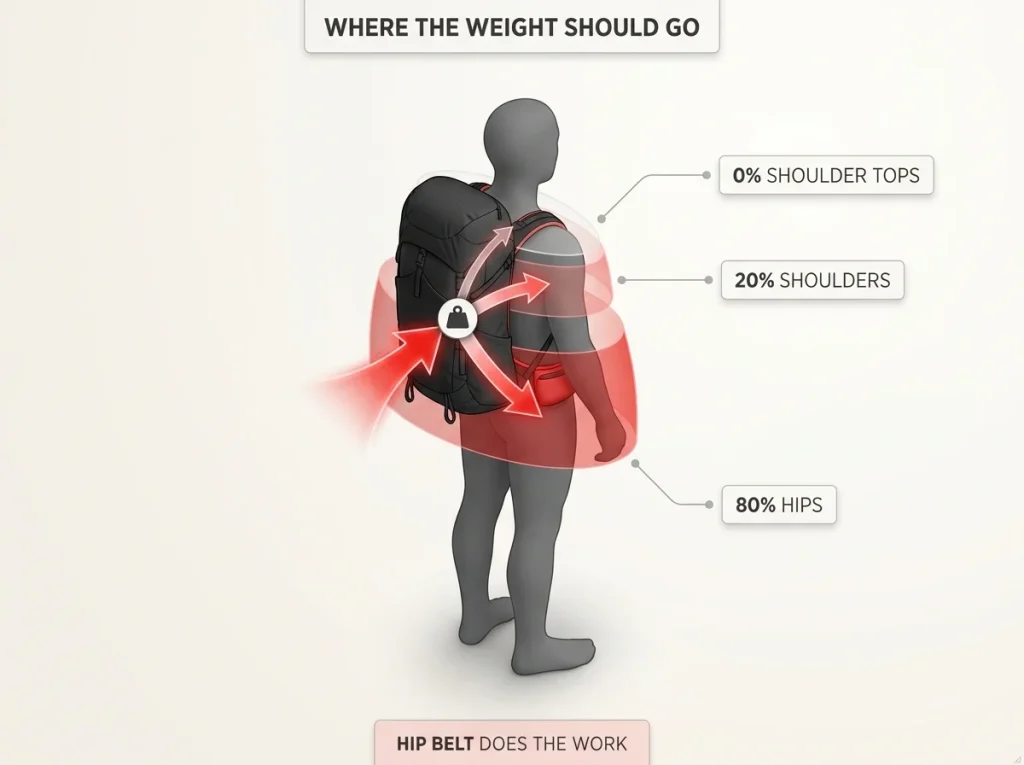 Infographic showing backpack load distribution with 80% on hips, 20% on shoulders, 0% on shoulder tops