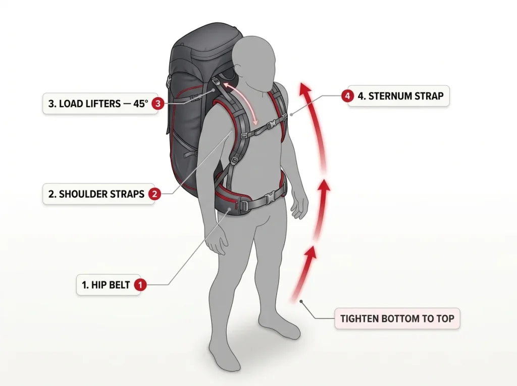 Infographic showing hiking backpack strap adjustment order with labeled hip belt, shoulder, load lifter, and sternum straps