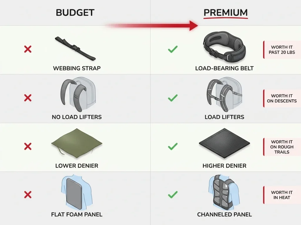 Comparison chart showing budget vs premium daypack features across hipbelt, load lifters, fabric denier, and back panel
