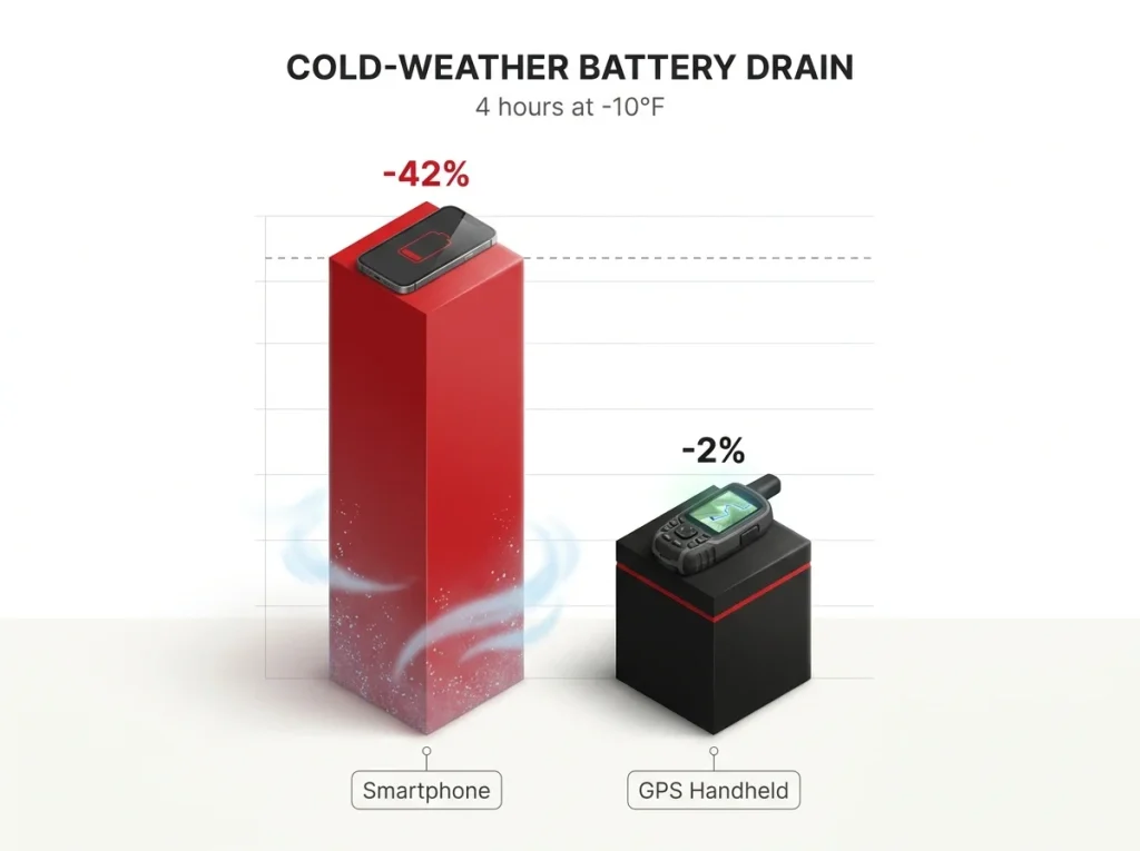 Bar chart comparing cold-weather battery drain of a phone versus a GPS handheld over 4 hours, 42 percent versus 2 percent