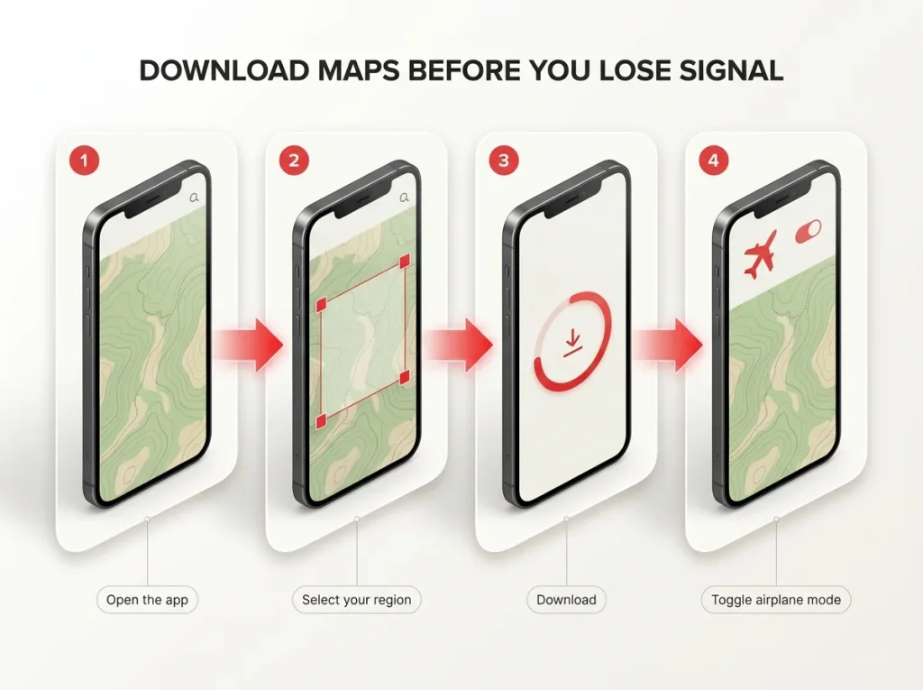 Infographic showing 4 steps to download an offline hiking map with numbered cards, phone screens, and airplane mode toggle