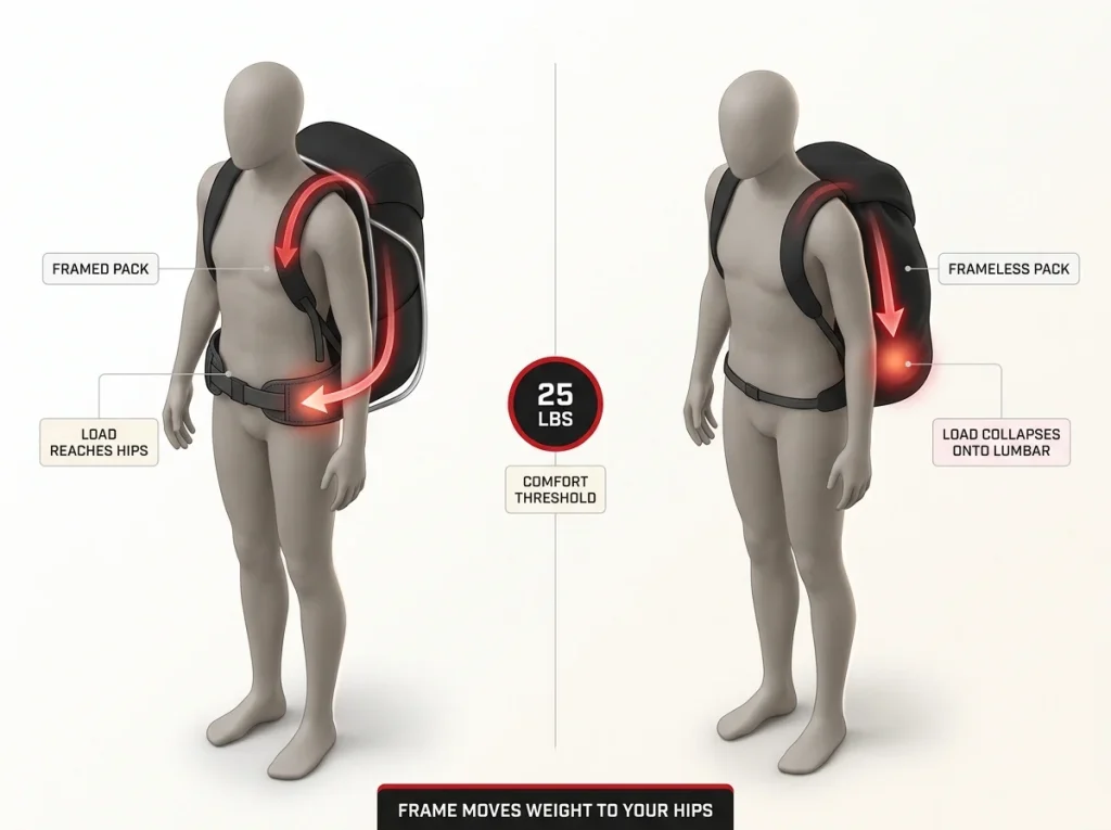 Diagram comparing load transfer in framed vs frameless backpacks, showing weight path to hips vs lumbar collapse at 25 lb