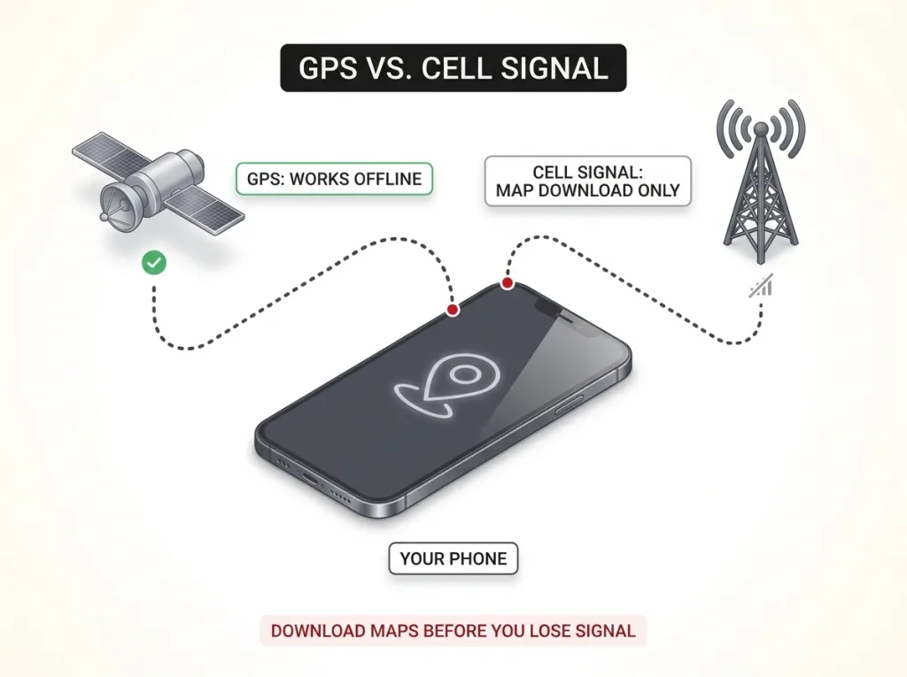 Diagram explaining phone GPS connects to satellites and works offline while map downloads require cell signal