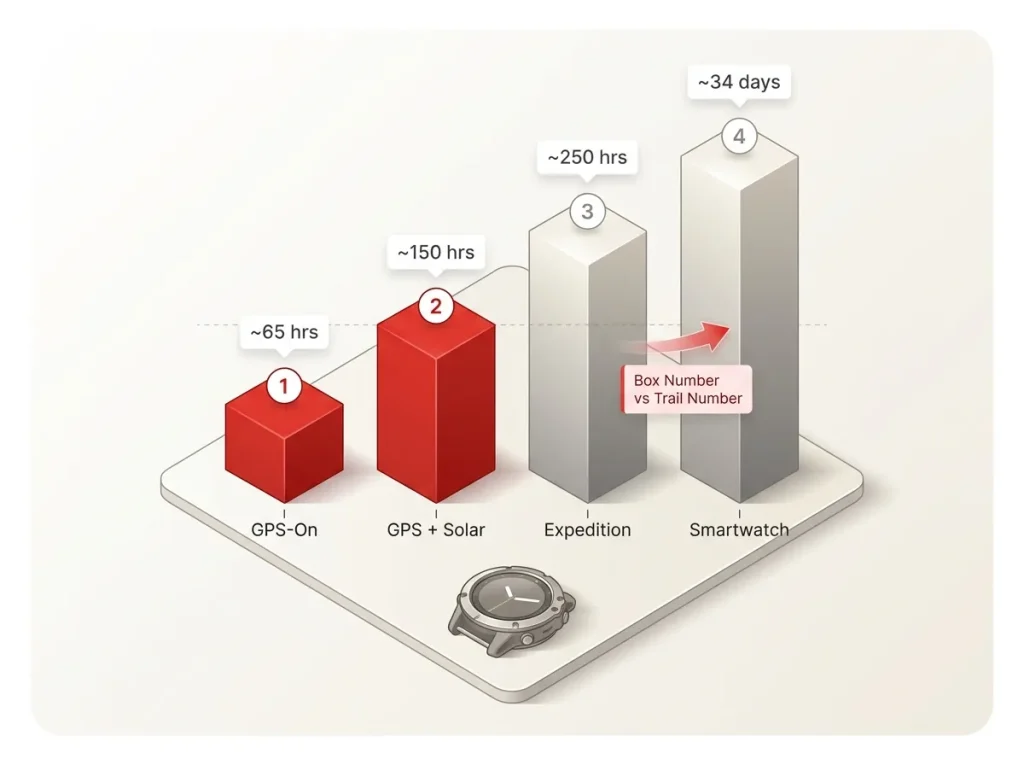 Bar chart showing one GPS watch's battery life across smartwatch, GPS-on, GPS+solar, and expedition modes