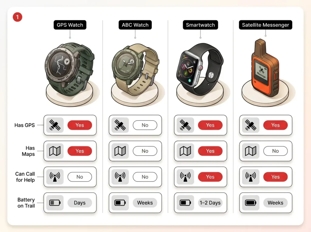 Infographic comparing GPS Watch, ABC Watch, Smartwatch, and Satellite Messenger across GPS, maps, SOS, and battery