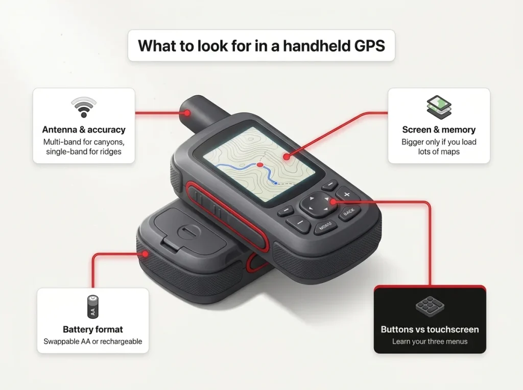Annotated handheld GPS diagram with callouts for antenna type, battery format, screen and memory, and button layout