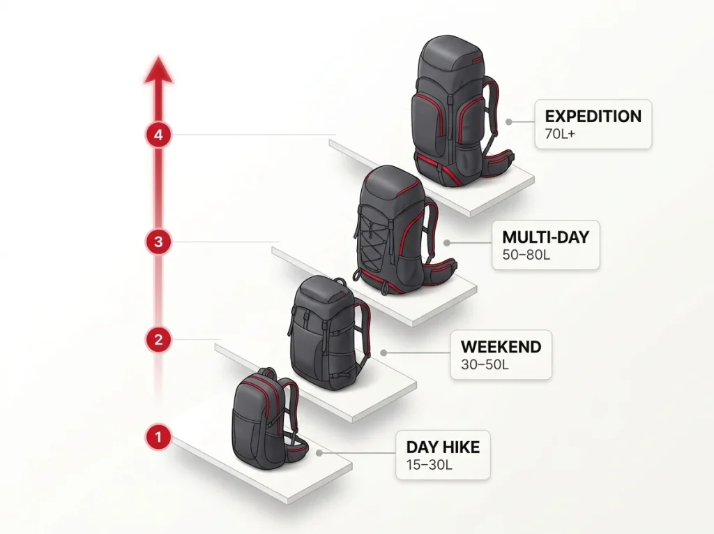 Infographic showing hiking backpack liter ladder from 15L day packs to 70L+ expedition packs with labeled rungs