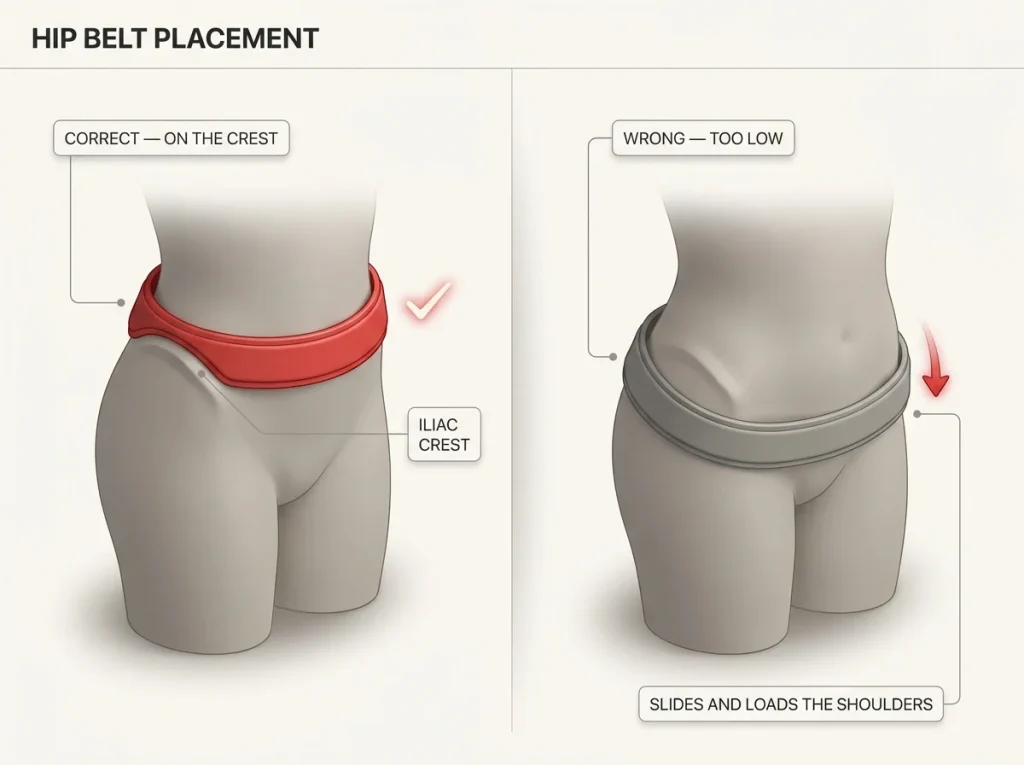 Side-view diagram comparing hip belt seated on iliac crest correctly versus riding low on soft waist incorrectly