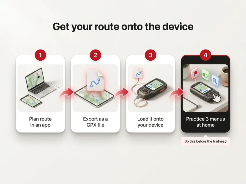 Four-step process strip showing plan route, export GPX, load to device, and practice menus before a hike