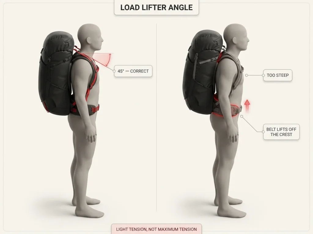 Profile diagram showing correct 45-degree load lifter angle versus over-cranked vertical straps lifting hip belt off crest