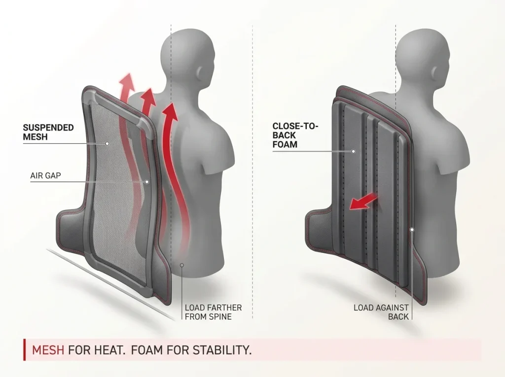 Diagram comparing suspended-mesh trampoline back panel airflow to close-to-back foam panel stability with labeled arrows