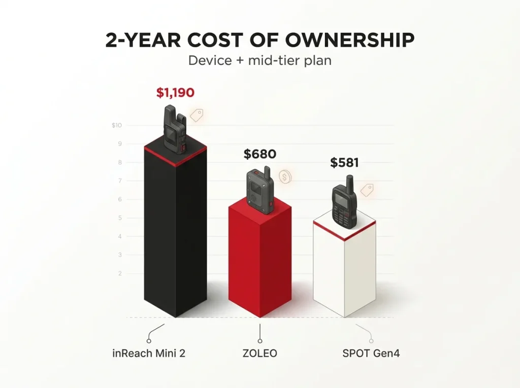 Bar chart of two-year total ownership cost for three satellite messengers, showing cheapest upfront is not cheapest overall