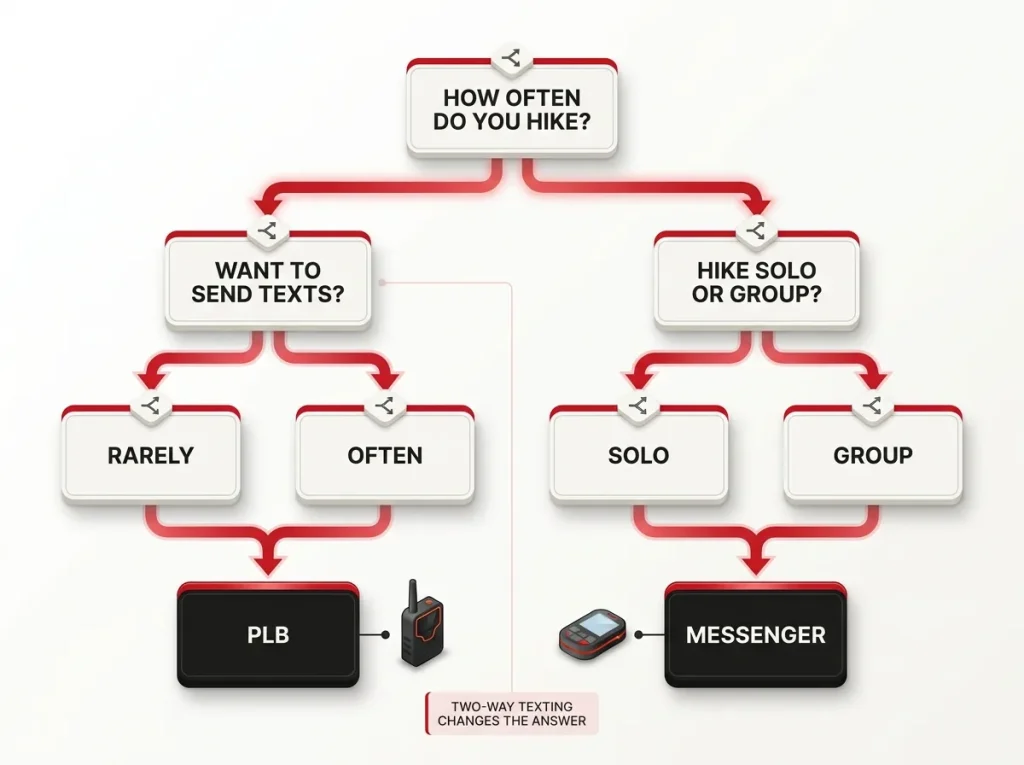 Infographic showing satellite messenger two-way signal path vs PLB one-way distress signal path with labeled network stages