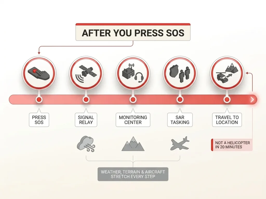 Infographic timeline showing the honest sequence after pressing SOS from signal relay through team travel to location