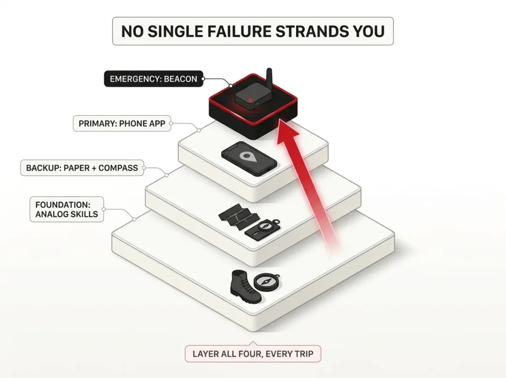 Infographic pyramid showing layered hiking navigation backup: app, paper and compass, analog skills, and emergency beacon