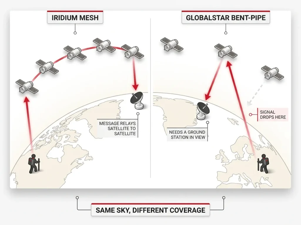 Infographic spec comparison table of eight satellite messengers and PLBs showing weight, battery, waterproofing, and network